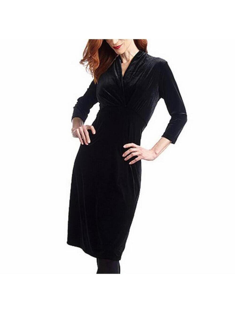 George Simonton Black Velvet Ruched Midi Dress Medium LBD V-neck 3/4 Sleeves